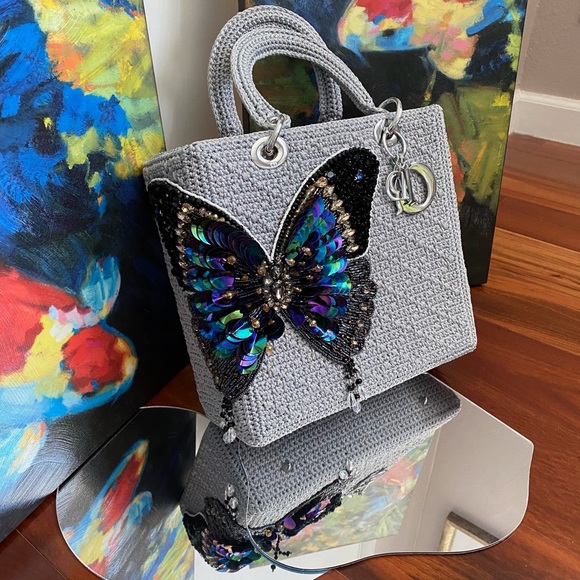 Grey Crocheted Sequin & Beaded Butterfly Purse - Picture 11 of 14